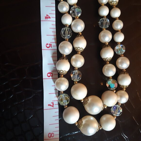 1960s 15" Lisner Faux Pearl & Aurora Borealis Crystal Vintage Necklace - Picture 13 of 16